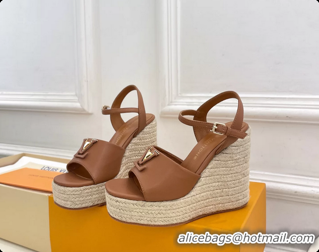 Good Quality Louis Vuitton LV Mare Wedge Espadrrile Sandals Brown Calfskin Leather 120MM 6062108