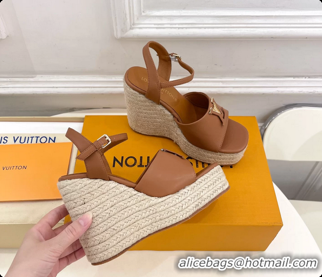 Good Quality Louis Vuitton LV Mare Wedge Espadrrile Sandals Brown Calfskin Leather 120MM 6062108