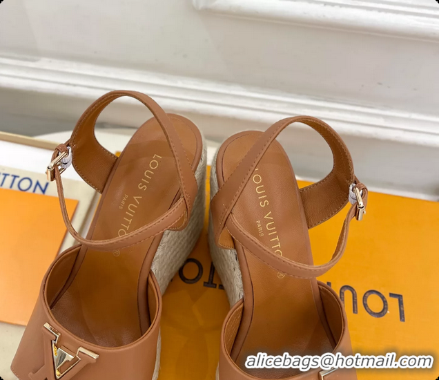 Good Quality Louis Vuitton LV Mare Wedge Espadrrile Sandals Brown Calfskin Leather 120MM 6062108
