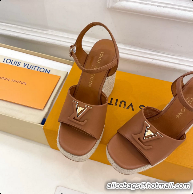 Good Quality Louis Vuitton LV Mare Wedge Espadrrile Sandals Brown Calfskin Leather 120MM 6062108