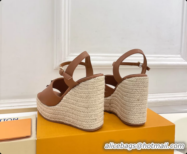 Good Quality Louis Vuitton LV Mare Wedge Espadrrile Sandals Brown Calfskin Leather 120MM 6062108