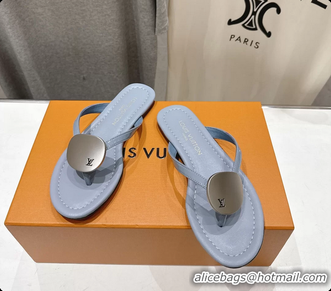 Buy New Cheap Louis Vuitton LV Treasure Flat Thong Sandals Sky Blue Patent Calf Leather 6062202