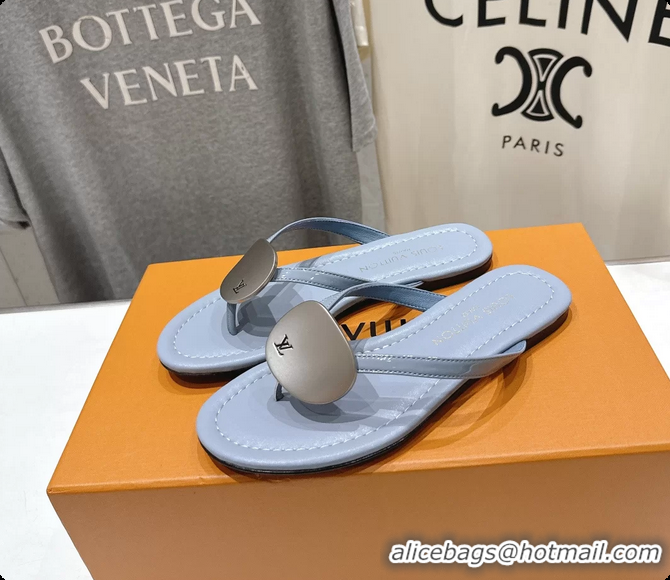 Buy New Cheap Louis Vuitton LV Treasure Flat Thong Sandals Sky Blue Patent Calf Leather 6062202