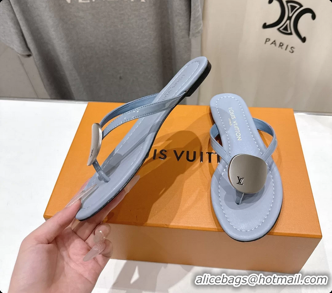 Buy New Cheap Louis Vuitton LV Treasure Flat Thong Sandals Sky Blue Patent Calf Leather 6062202