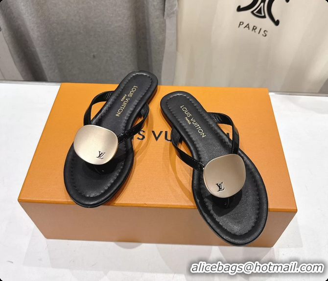 Low Cost Louis Vuitton LV Treasure Flat Thong Sandals Black Patent Calf Leather 6062202