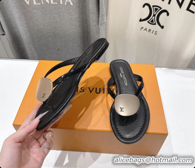 Low Cost Louis Vuitton LV Treasure Flat Thong Sandals Black Patent Calf Leather 6062202