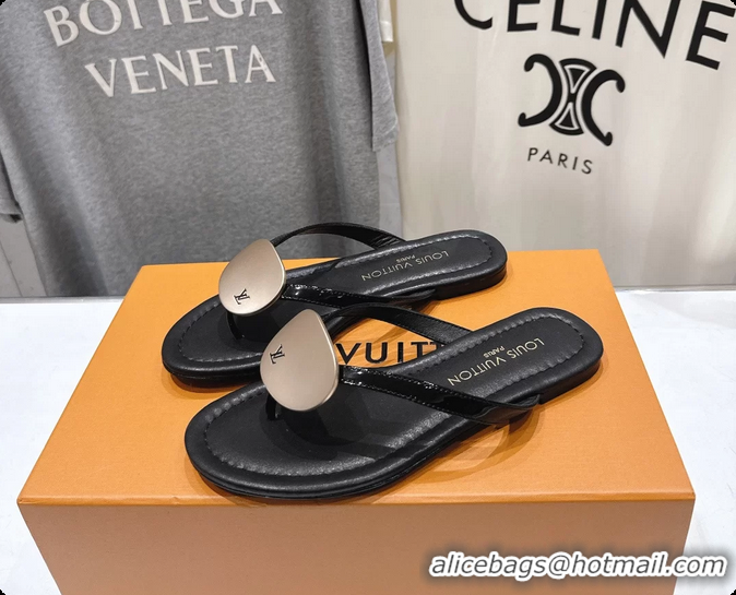 Low Cost Louis Vuitton LV Treasure Flat Thong Sandals Black Patent Calf Leather 6062202
