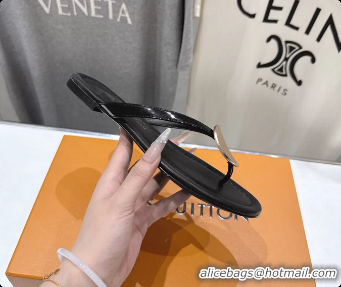 Low Cost Louis Vuitton LV Treasure Flat Thong Sandals Black Patent Calf Leather 6062202