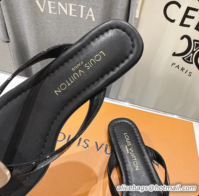 Low Cost Louis Vuitton LV Treasure Flat Thong Sandals Black Patent Calf Leather 6062202