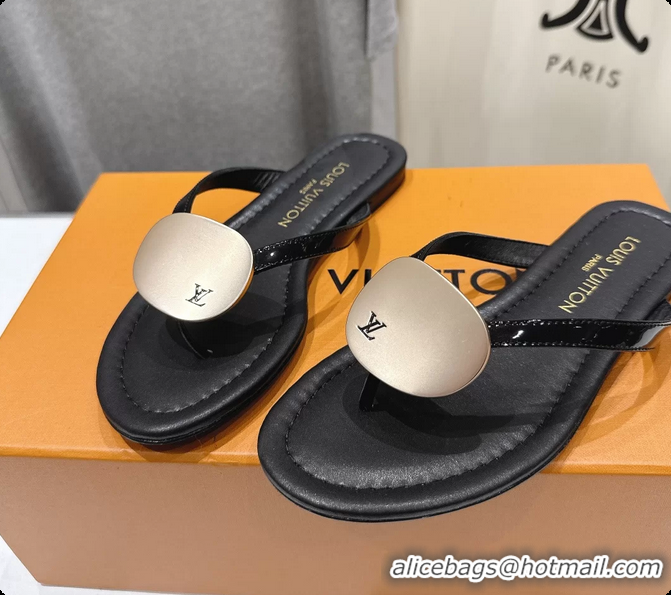 Low Cost Louis Vuitton LV Treasure Flat Thong Sandals Black Patent Calf Leather 6062202