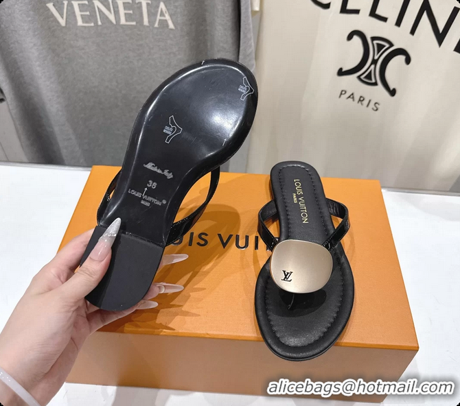 Low Cost Louis Vuitton LV Treasure Flat Thong Sandals Black Patent Calf Leather 6062202