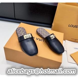 Luxury Discount Louis Vuitton Javen Flat Open Back Mules Black Calf Leather 6062205