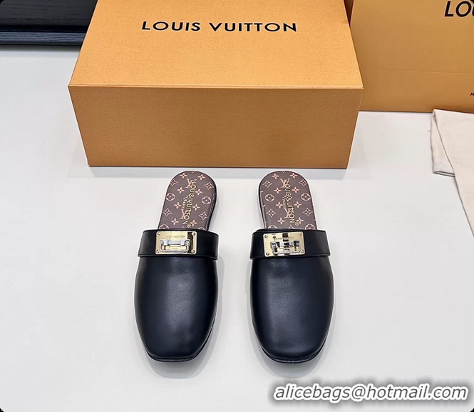 Luxury Discount Louis Vuitton Javen Flat Open Back Mules Black Calf Leather 6062205