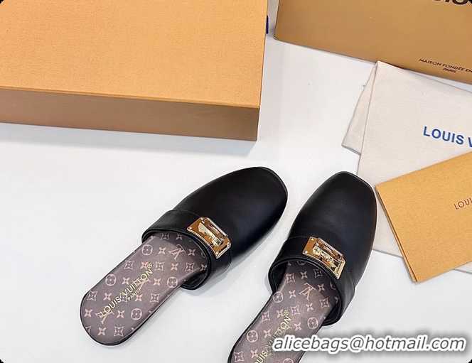 Luxury Discount Louis Vuitton Javen Flat Open Back Mules Black Calf Leather 6062205