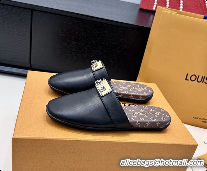 Luxury Discount Louis Vuitton Javen Flat Open Back Mules Black Calf Leather 6062205