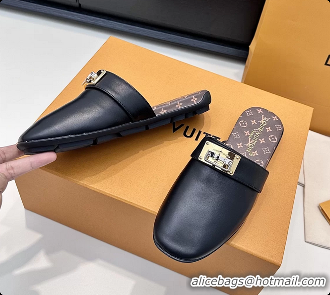 Luxury Discount Louis Vuitton Javen Flat Open Back Mules Black Calf Leather 6062205