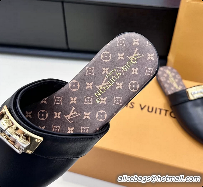 Luxury Discount Louis Vuitton Javen Flat Open Back Mules Black Calf Leather 6062205