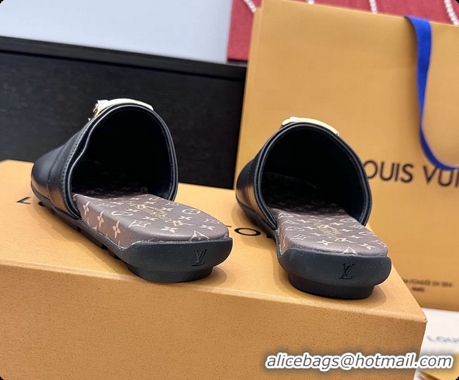 Luxury Discount Louis Vuitton Javen Flat Open Back Mules Black Calf Leather 6062205