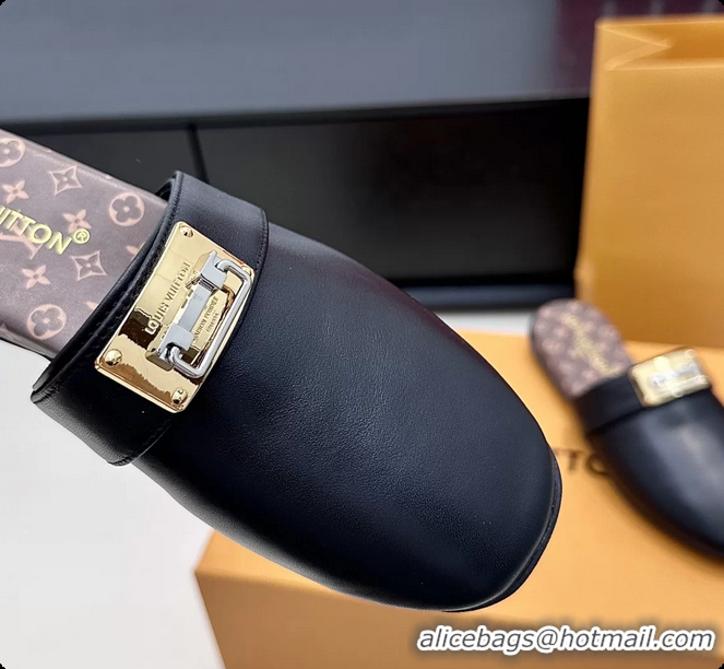 Luxury Discount Louis Vuitton Javen Flat Open Back Mules Black Calf Leather 6062205
