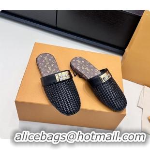 Luxury Louis Vuitton Javen Flat Open Back Mules Black Braided Calf Leather 6062205