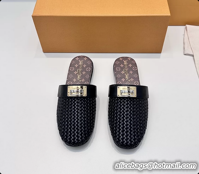 Luxury Louis Vuitton Javen Flat Open Back Mules Black Braided Calf Leather 6062205