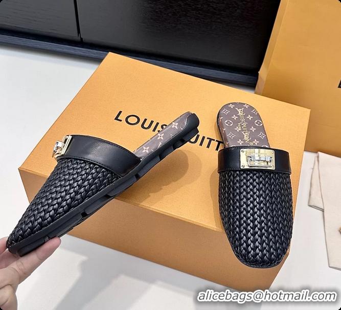 Luxury Louis Vuitton Javen Flat Open Back Mules Black Braided Calf Leather 6062205