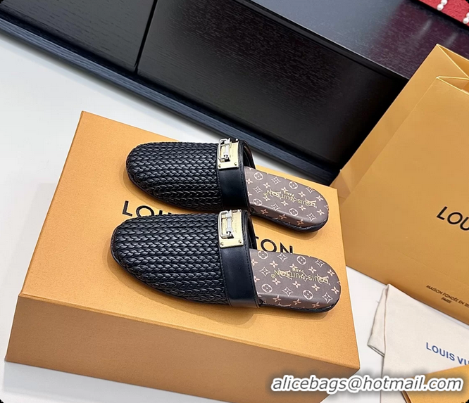 Luxury Louis Vuitton Javen Flat Open Back Mules Black Braided Calf Leather 6062205