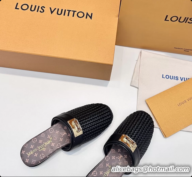 Luxury Louis Vuitton Javen Flat Open Back Mules Black Braided Calf Leather 6062205