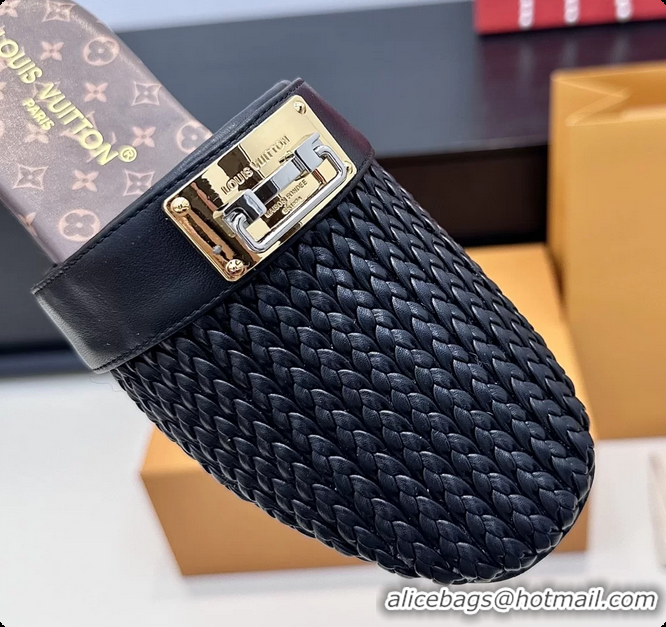 Luxury Louis Vuitton Javen Flat Open Back Mules Black Braided Calf Leather 6062205