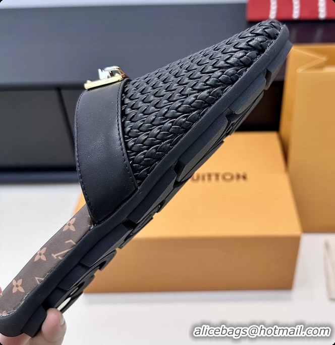 Luxury Louis Vuitton Javen Flat Open Back Mules Black Braided Calf Leather 6062205