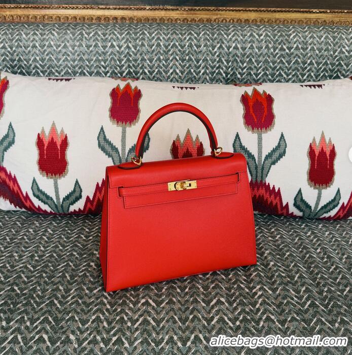 Top Quality Hermes Kelly Sellier 25/28cm Bag in Original Epsom Leather H0102 Red/Gold 2026 (Half Handmade)