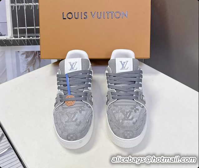 Durable Louis Vuitton LV Trainer Sneakers Denim Light Gray Monogram Canvas 6062302