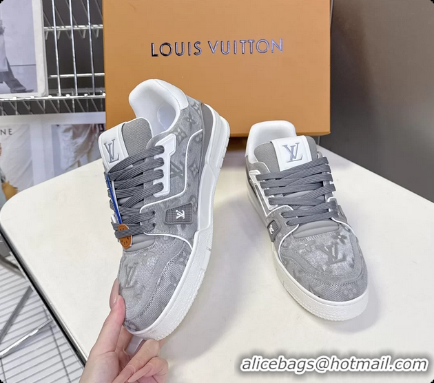 Durable Louis Vuitton LV Trainer Sneakers Denim Light Gray Monogram Canvas 6062302