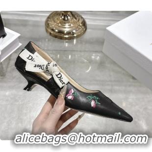 Shop Duplicate Dior Dioramour Jadior Pumps Black Lambskin Embroidered with Multicolor Doves Roses Motif 25MM 6062403
