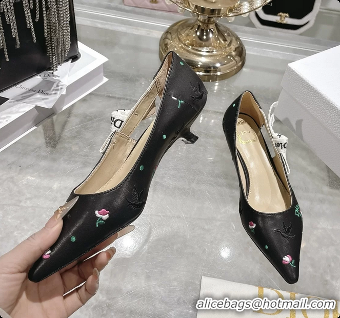 Shop Duplicate Dior Dioramour Jadior Pumps Black Lambskin Embroidered with Multicolor Doves Roses Motif 25MM 6062403