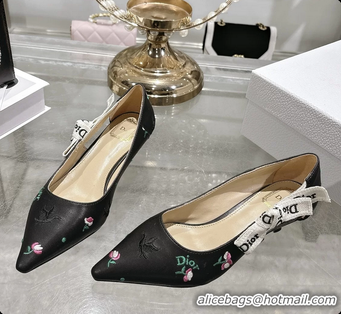 Shop Duplicate Dior Dioramour Jadior Pumps Black Lambskin Embroidered with Multicolor Doves Roses Motif 25MM 6062403