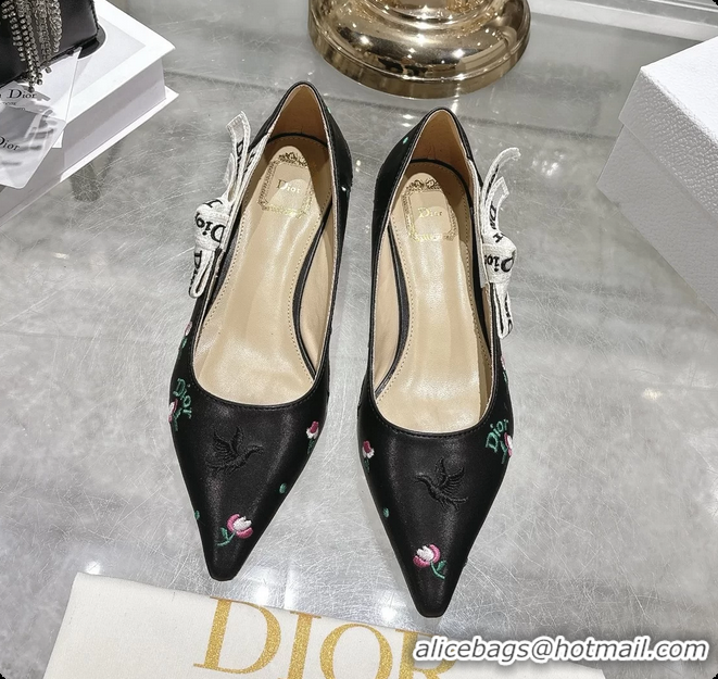 Shop Duplicate Dior Dioramour Jadior Pumps Black Lambskin Embroidered with Multicolor Doves Roses Motif 25MM 6062403