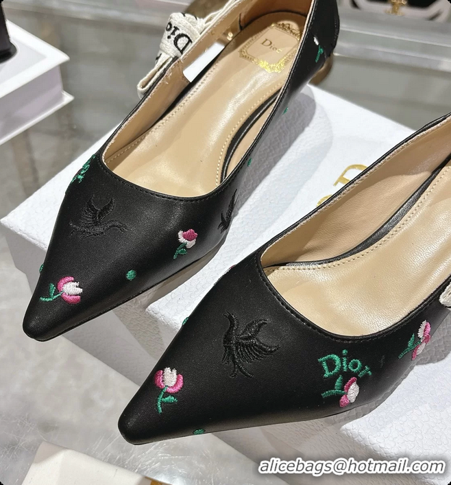 Shop Duplicate Dior Dioramour Jadior Pumps Black Lambskin Embroidered with Multicolor Doves Roses Motif 25MM 6062403