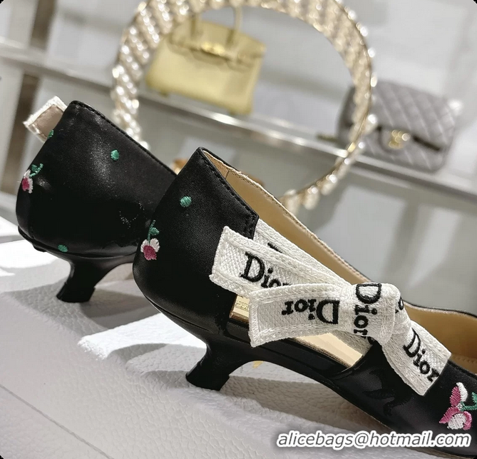 Shop Duplicate Dior Dioramour Jadior Pumps Black Lambskin Embroidered with Multicolor Doves Roses Motif 25MM 6062403