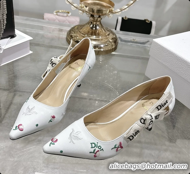 Good Product Dior Dioramour Jadior Pumps White Lambskin Embroidered with Multicolor Doves Roses Motif 45MM 6062403
