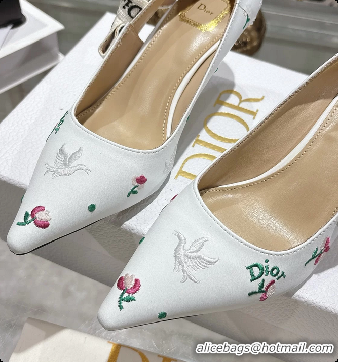 Good Product Dior Dioramour Jadior Pumps White Lambskin Embroidered with Multicolor Doves Roses Motif 45MM 6062403