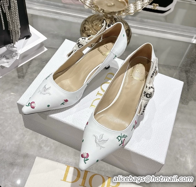 Good Product Dior Dioramour Jadior Pumps White Lambskin Embroidered with Multicolor Doves Roses Motif 45MM 6062403
