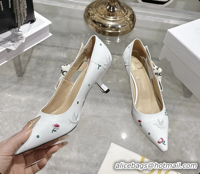 Good Product Dior Dioramour Jadior Pumps White Lambskin Embroidered with Multicolor Doves Roses Motif 45MM 6062403
