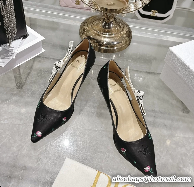 Top Design Dior Dioramour Jadior Pumps Black Lambskin Embroidered with Multicolor Doves Roses Motif 45MM 6062403