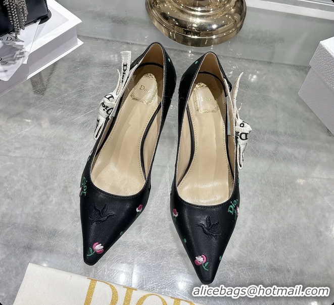 Top Design Dior Dioramour Jadior Pumps Black Lambskin Embroidered with Multicolor Doves Roses Motif 45MM 6062403