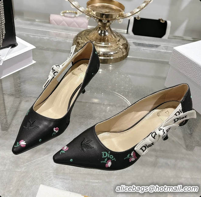 Top Design Dior Dioramour Jadior Pumps Black Lambskin Embroidered with Multicolor Doves Roses Motif 45MM 6062403
