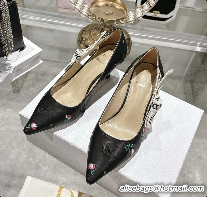 Top Design Dior Dioramour Jadior Pumps Black Lambskin Embroidered with Multicolor Doves Roses Motif 45MM 6062403