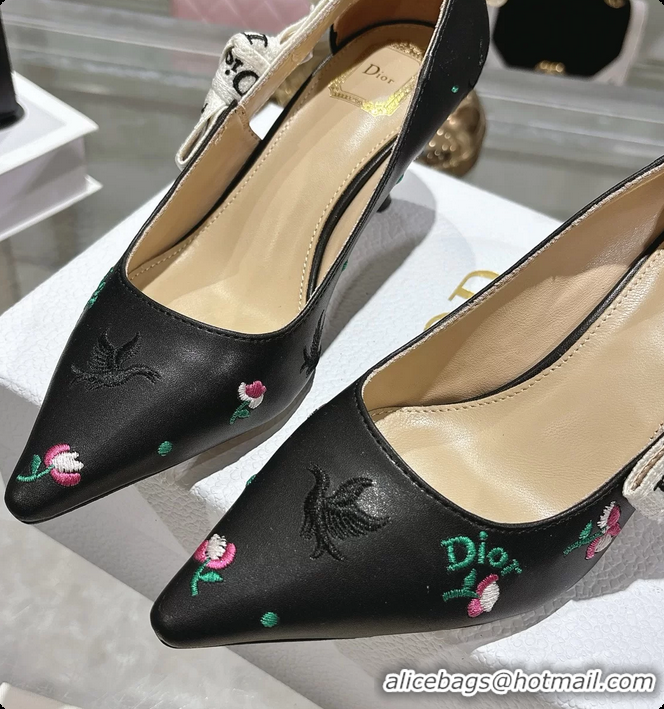 Top Design Dior Dioramour Jadior Pumps Black Lambskin Embroidered with Multicolor Doves Roses Motif 45MM 6062403
