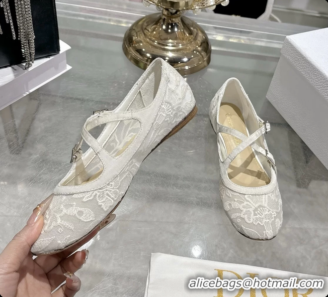 Sumptuous Dior Very Dior Ballet Flat Shoes Transparent Mesh Embroidered with White Millefiori Motif 6062408