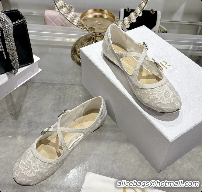 Sumptuous Dior Very Dior Ballet Flat Shoes Transparent Mesh Embroidered with White Millefiori Motif 6062408